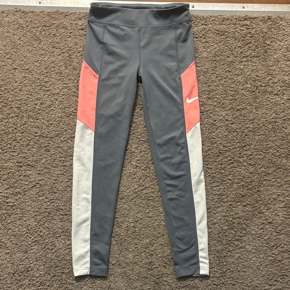 Nike Woman’s Lg Gray Leggings with Coral and White Panels Dri-Fit Gently Used